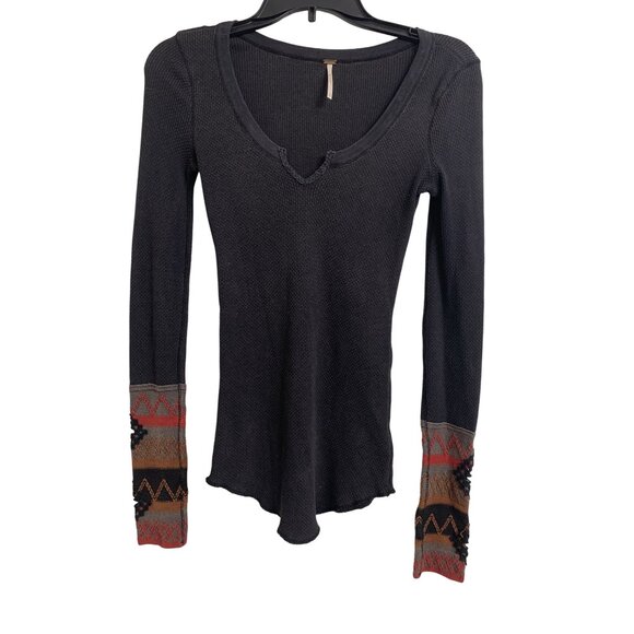 Free People S/P Waffle Knit Aztec Boho Henley Western Southwest - Picture 1 of 7